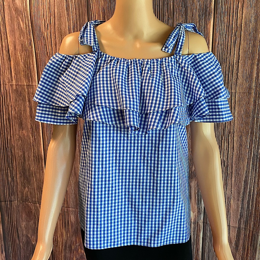 She + Sky size large blue & white plaid bow tie cute summer blouse boho